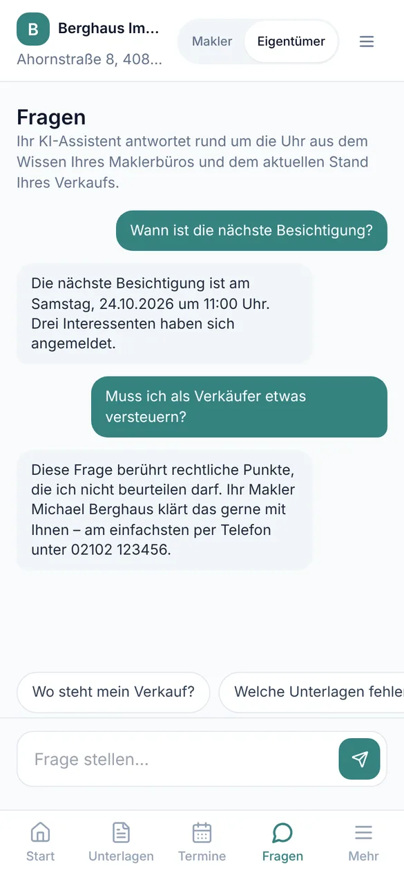 Fragen-Assistent beantwortet Fragen und leitet rechtliche Fragen an den Makler weiter