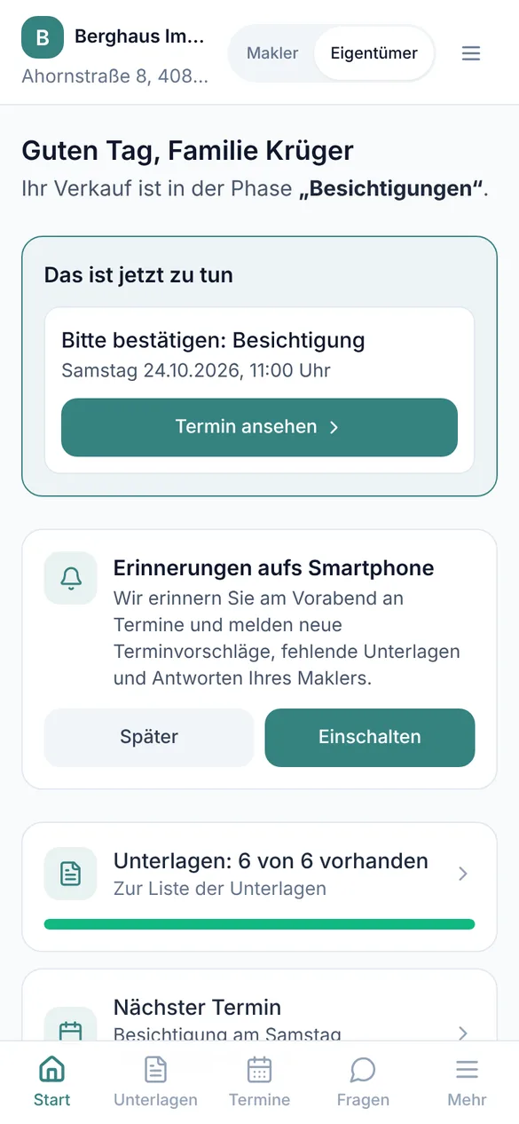 Startseite der Eigentümer-App mit Phase und nächster Aufgabe